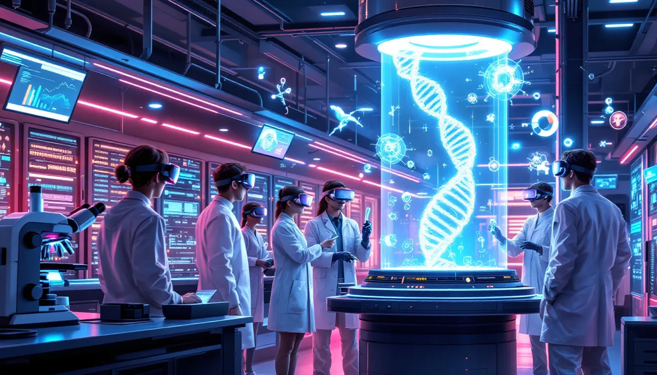 A creative depiction of innovations driving pharma discovery, focusing on technology and research.