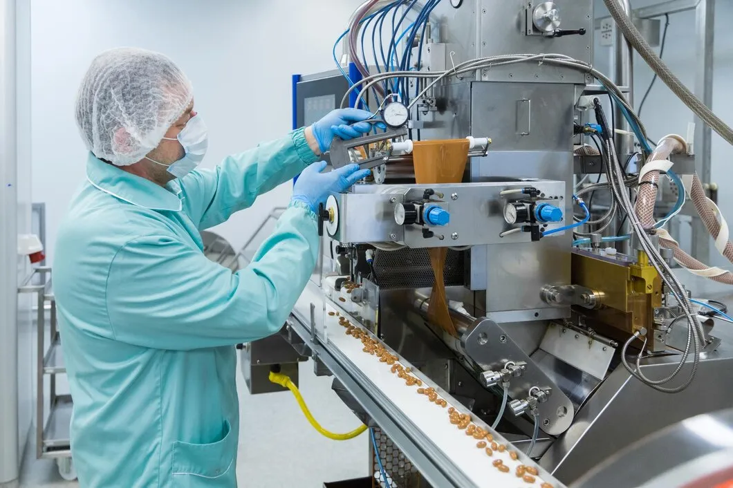 Pharmaceutical technician working with equipment at pharmacy industry
